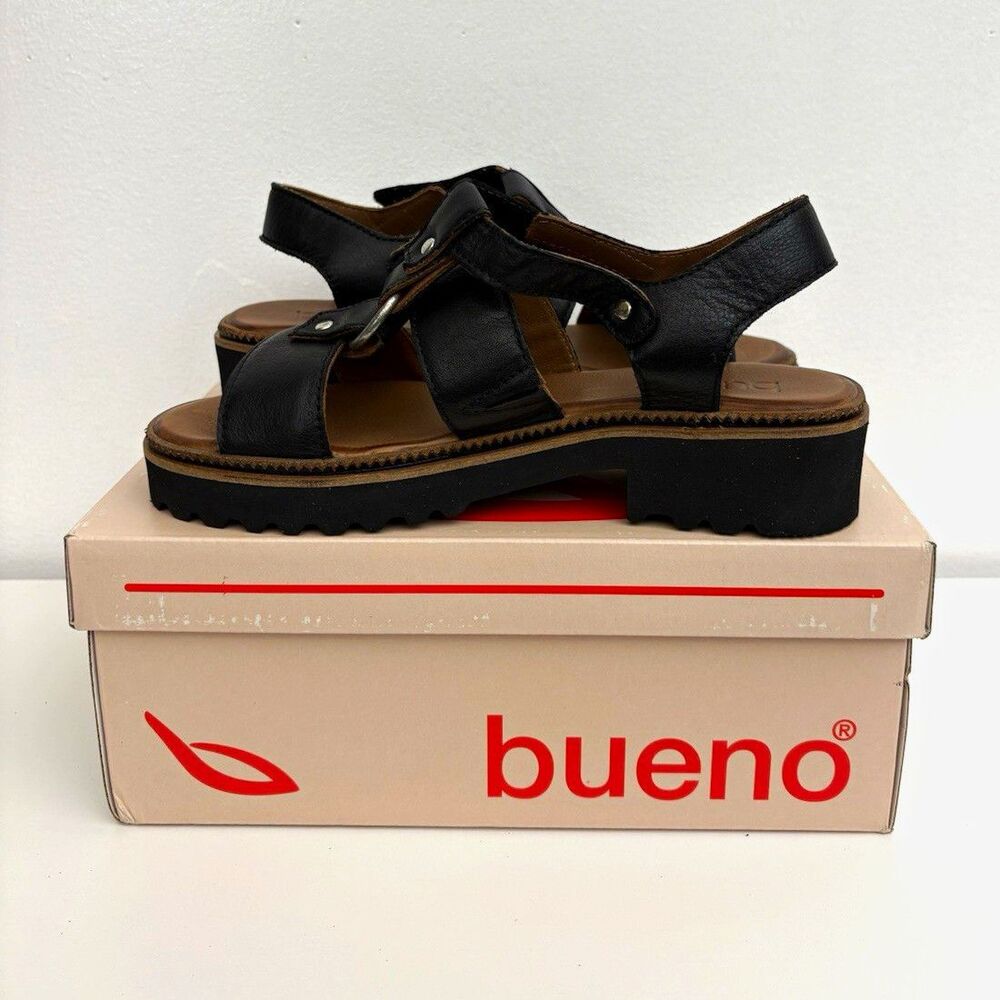 BUENO Athena Black Leather Strappy Platform Sandals Women's Size 39 / 8.5-9 NIB